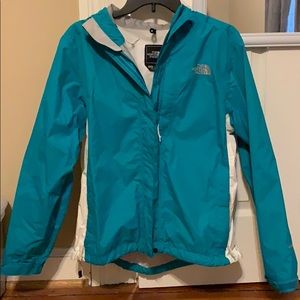 Blue and White Medium North Face Rain Jacket